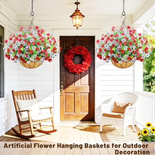 2 Set Artfiticial Hanging Flowers with Basket & Foam Outdoor,Red White