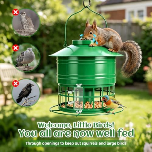 Bird Feeder for Outdoors, Squirrel Proof Bird Feeder for Outside 10LB Metal Caged Wild Bird Feeder with 32 Feeding Ports, Hanging Birdfeeder for Small Birds, Cardinals, Bluebirds, Finches (Green)