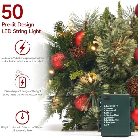 HiBean 2 Pack Outdoor Christmas Tree Urn Filler Small, 30 Inch Pre-lit Artificial Xmas Tree w/ 50 LED Lights and Realistic Carolina Pine for Pathway, Porch, Driveway, Yard (Red)