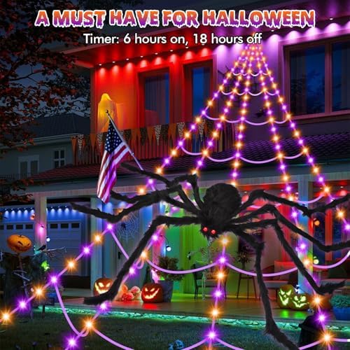 OCATO 200" Halloween Decorations Spider Web Lights Outdoor +59" Fake Spider
