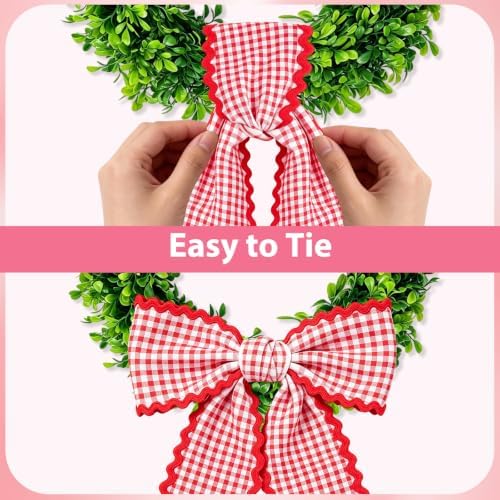 Wreath Sash for Front Door, 2 Pcs Red Gingham Wreaths Scarf Decor