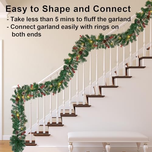 10Ft Christmas Garland with 50 LED Lights - 3 Pack Pre-lit Outdoor Xmas Garland with Timer - Pine Garland with Red Berries Snow Pine Cones - 10 Foot by 10 Inch