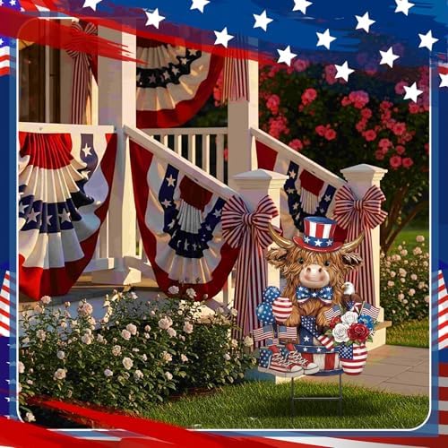 Amyhill 4th of July Highland Cow Metal Garden Stakes Patriotic American Flag Red White Blue Outdoor Yard Decorations with Stakes Independence Day Decor Sign for Home Lawn Porch Backyard Holiday Decor