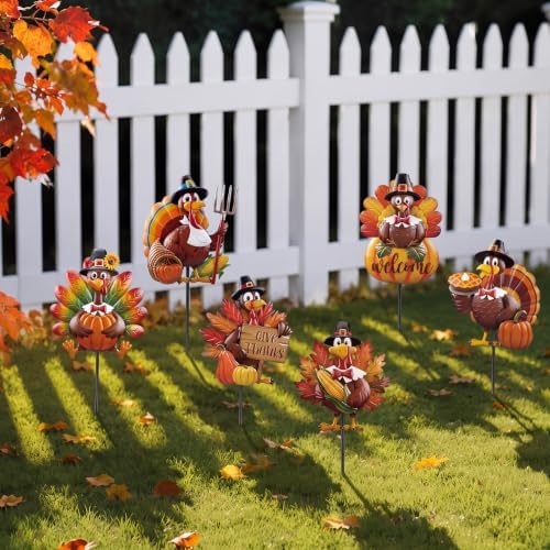 Shimeyao 6 Pcs Turkey Metal Fall Garden Stakes, Thanksgiving Yard Signs