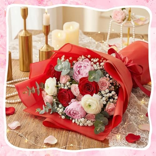 Ctosree 240 Sheets Flower Wrapping Paper, 22.8 x 22.8 Waterproof Wrapping Paper Bouquet Korean Floral Wraps Florist Supplies Packaging Papers for Wedding Bridal Shower Birthday Gift DIY(Red)