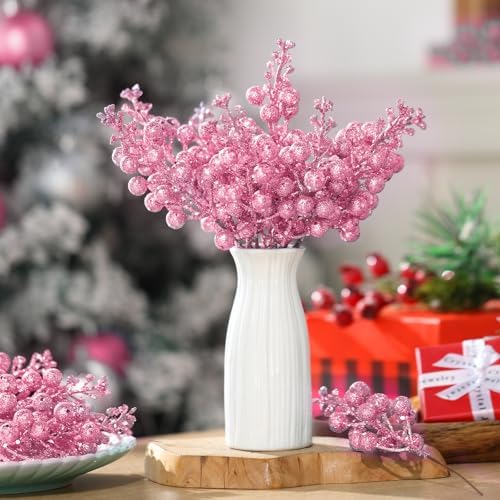 Geosar 36 Pcs Christmas Glittered Berries Stems, Pink
