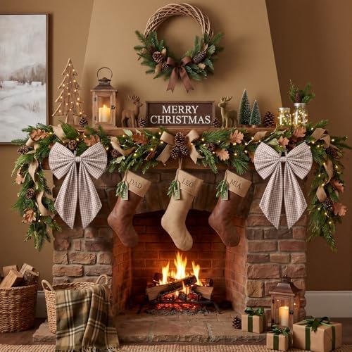 Suncalla 2 Pcs Khaki Christmas Gingham Wreath Bows 18'' x 12''