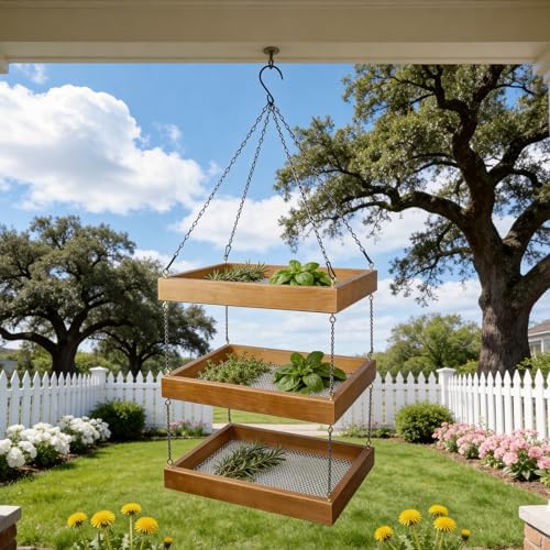 15.7"x11.8" 3-Tier Hanging Herb Drying Rack, Wooden Floral Drying Screen