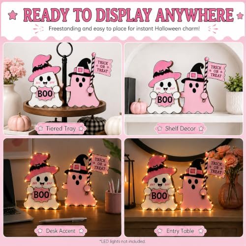 2pcs Ghost Pink Halloween Decor, Trick or Treat Wooden Plaque (Cute Ghost)