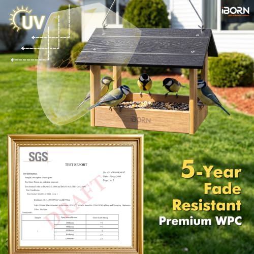 iBorn Pavilion Bird Feeder, Covered Platform Bird Feeder for Outdoors Hanging, WPC Recycled Plastic & Waterproof, Black