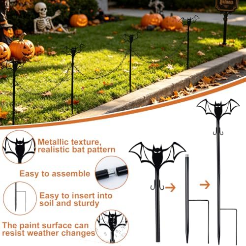 4 Sets Metal Halloween Fence for Outdoor Garden, 23.6in Halloween Graveyard Fences Bat Garden Fence with Connecting Chains Weatherproof Spooky Cemetery Decor for Outdoor Graveyard Pathway Party Scene