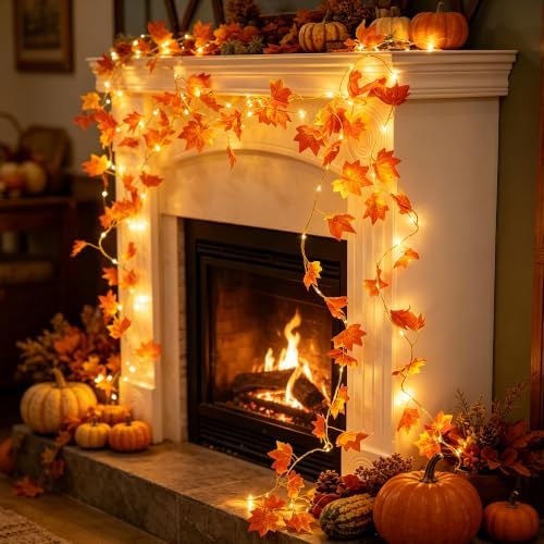 Maple Leaf String Lights, 2 Pack Battery Operated Fall Garland