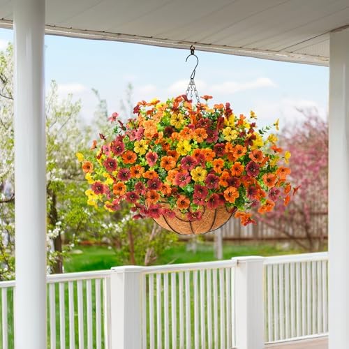 Artificial Fall Hanging Flowers Basket, UV Resistant Mums for Outdoors