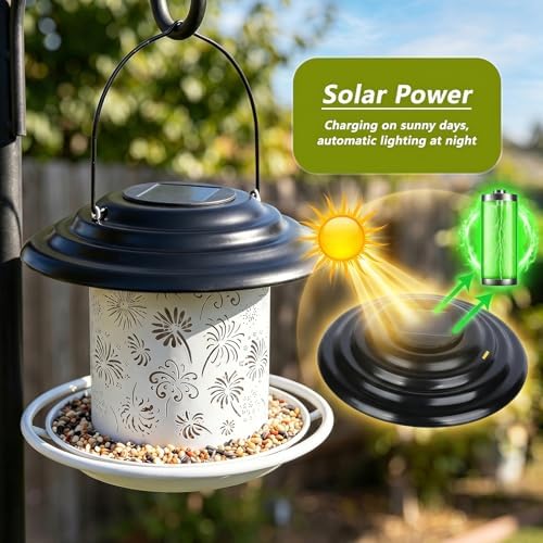 Black White Solar Bird Feeders for Outdoors, Weatherproof Metal Bird Feeder