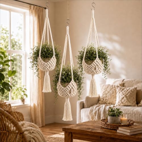 Shappy 3 Pack Boho Macrame Plant Hanger for Indoor