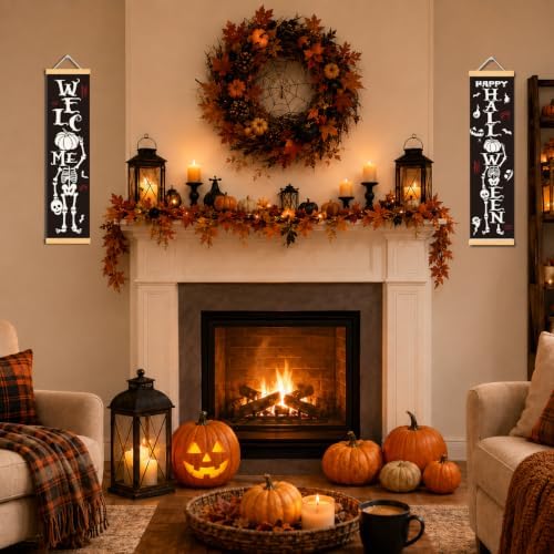 Skeleton Halloween Door Banner Set of 2, Welcome Porch Decor for Home