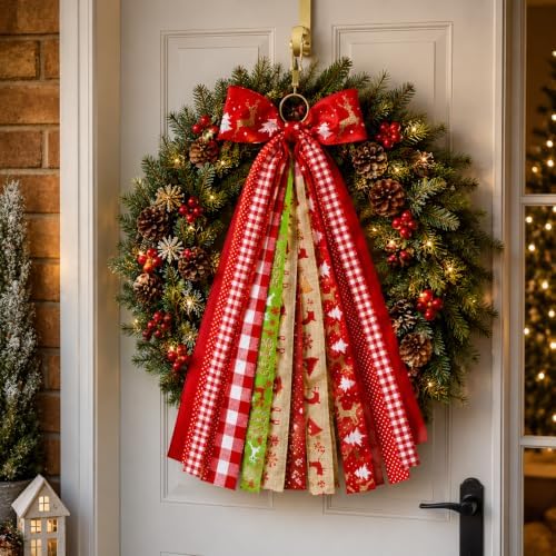23.6in Christmas Wreath Bow Plaid Ribbon Door Swag Decor