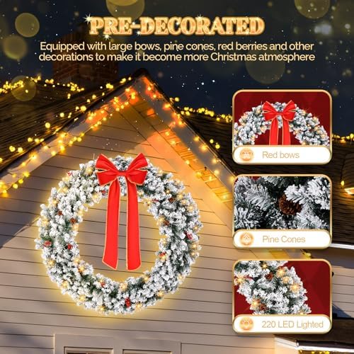 VINGLI 60" Extra Large LED Christmas Wreath with 220 Warm White Lights