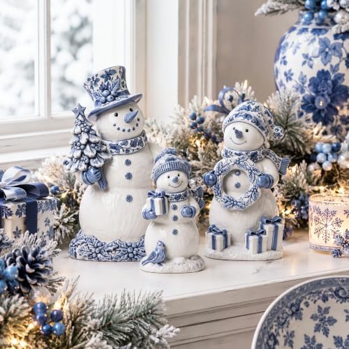 Suzile 3 Pcs Chinoiserie Snowman Decor, Wooden Winter Tiered Figurines