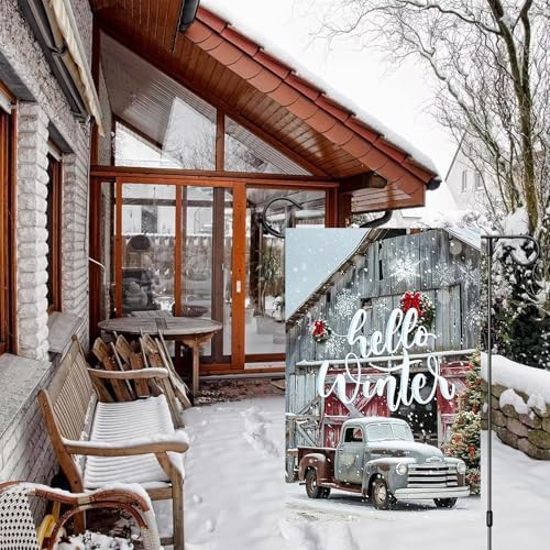 Hello Winter Truck Garden Flags 12x18 Vertical Double Sided Outside, Christmas Winter Yard Flag Outdoor Xmas Holiday Seasonal Decorations for Home