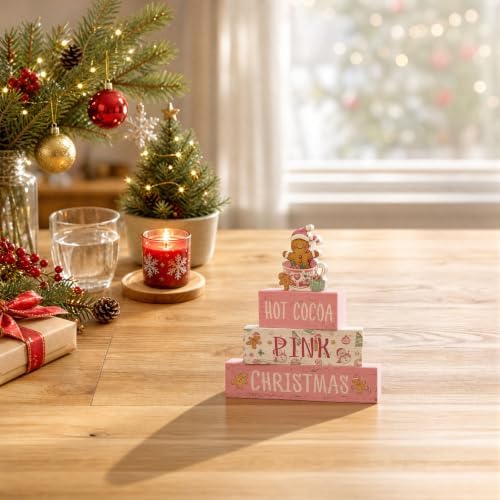 Smile 4 Wooden Christmas Signs, Hot Cocoa Pink Gingerbread Decor