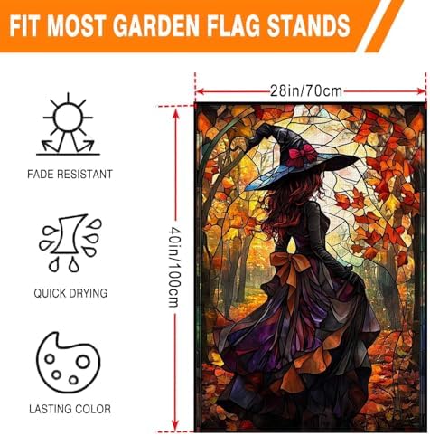 Halloween Witch House Flag 28x40 Double Sided Outside, Stained Glass Burlap Halloween Yard Flag for Fall Holiday Outdoor Decorations