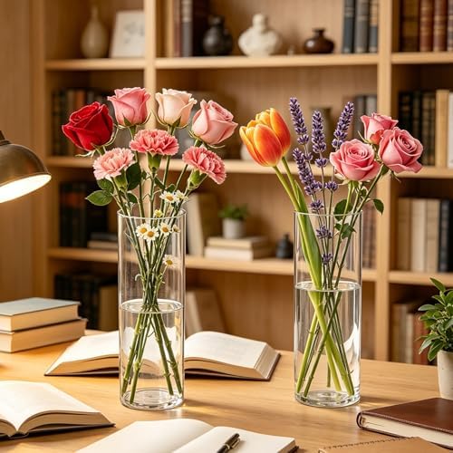 12 PCS Plastic Cylinder Vase 11.5 Inch Cylinder Vase Bulk Clear Flower Container Hurricane Candle Holder Round Wide Container Centerpiece for Home Office Wedding Decor (11.5 Inch)