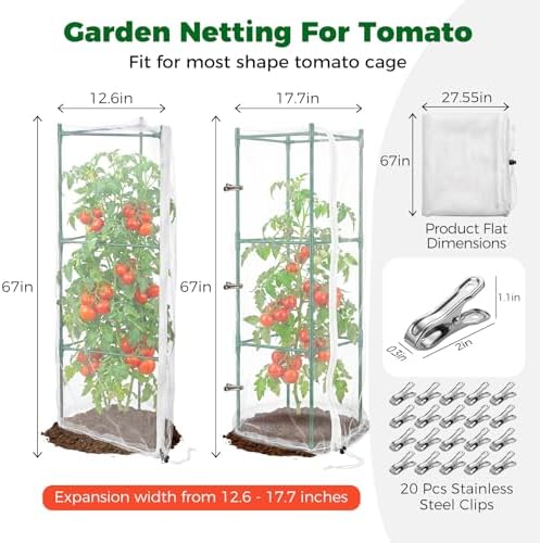 3Pcs Garden Bird Netting Plant Cover for Tomato Cage, 67" x 17.7" Insect Bird Barrier Tomato Cage Net with Zipper, Tomato Trellis Plant Netting Cover for Square Tomatoes Cages Plants Garden Protection