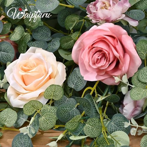 Waipfaru 8.85Ft Flower Garland, Eucalyptus Greenery Garland with Flowers, Pink Rose Floral Vines for Wedding Reception Table Mantle Room Spring Summer Decor (Pink) (Pack of 3)