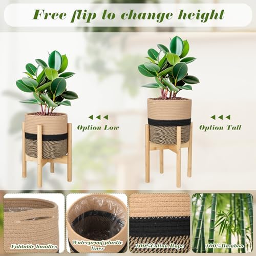 Plant Basket with Stand,10 Inch,Black and Beige Stripes