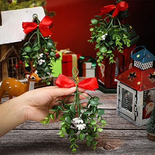Dingion 18 Pcs Christmas Hanging Mistletoe Decor Ornament with Red Bow