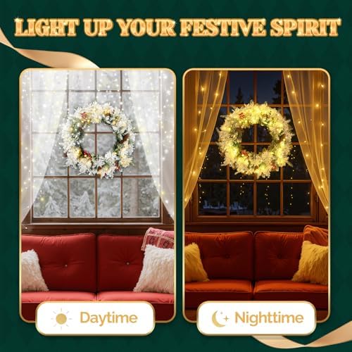 VINGLI 18" Flocked Christmas Wreath 2 Pack with Battery LED Lights