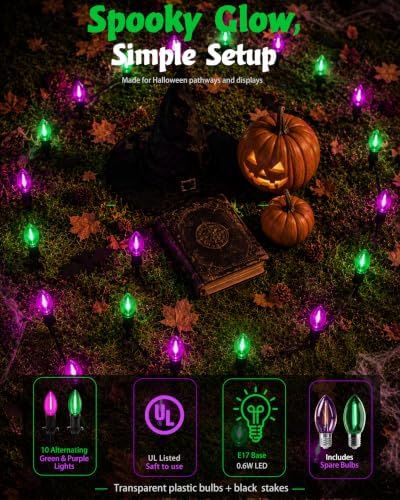 Halloween Pathway Lights with 10 Green and Purple C9 LED Stakes