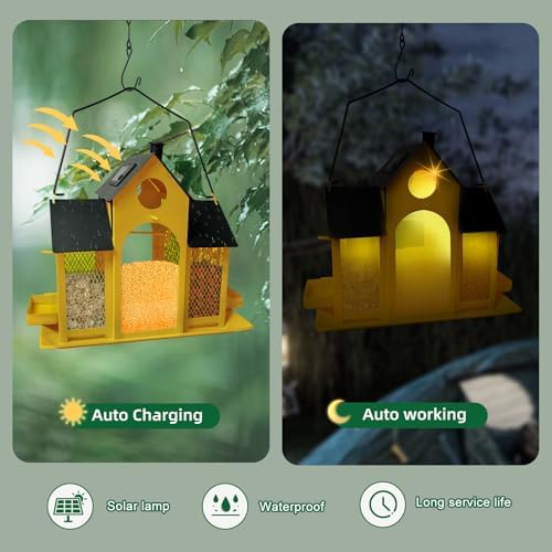 Solar Bird Feeder House for Outside Hanging, Large Capacity Birdhouse Bird Feeders Hanging for Outdoors, Metal Mesh Wild Birdfeeder for Finch Cardinal (Yellow and Black)
