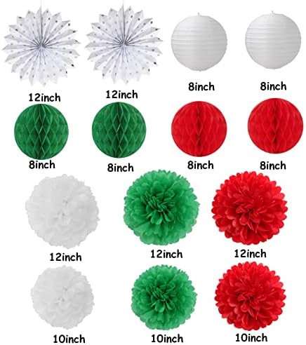 Red-Green White Party Decorations - 14pcs Winter Birthday New Year Paper Lanterns Fan,Italian Tissue Pom Poms Streamers,Honeycomb Balls, Wedding Baby Shower Decor Lasting Surprise