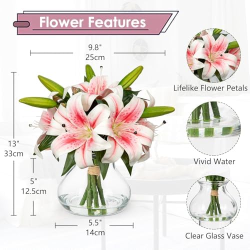 Artificial Flowers Tiger Lily Real Touch with Vase Easter Lily Pink Lilies Silk Faux Flowers Arrangements in Glass Vase with Faux Water Easter Decor Fake Floral Bulk Bouquet for Office Home Decor
