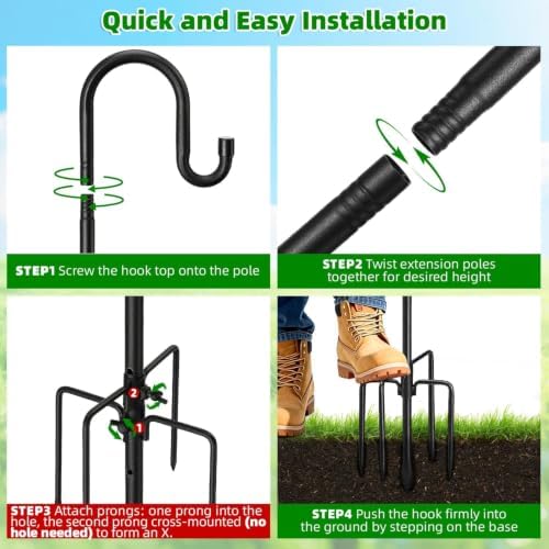 COCONUT 62" Shepherds Hooks for Outdoor, Bird Feeder Pole with 5 Prong Base, Adjustable Height Shepherds Hook for Hummingbird Feeder, Bird Feeder, Lightweight Plant, Wind Chimes, Lanterns (2 Pack)
