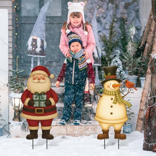 2 Pack Christmas Yard Stake, 3D Santa Snowman Metal Metal Stake