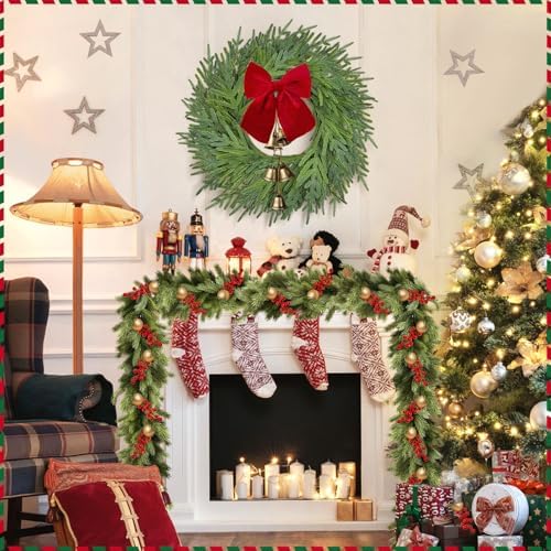 22" Christmas Norfolk Pine Wreath with Bow & Bells for Front Door Decor