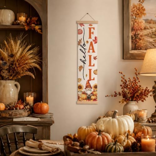 Fall Door Decor Banner, Hello Fall Gnome Pumpkin Sign for Front Porch