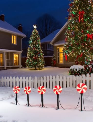 Set of 5 Large Christmas Candy Cane Yard Stakes, Professional-Grade Outdoor Peppermint Decorations with C7 LED Lights, Heavy-Duty Holiday Light Stakes for Walkway, Lawn & Driveway