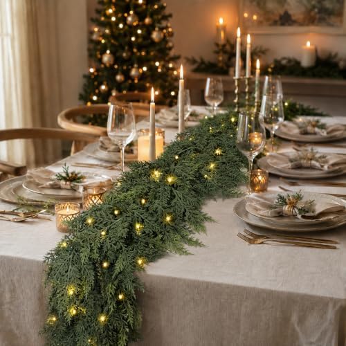 12FT Christmas Cedar Garland with Lights Prelit Pine Garland Decoration