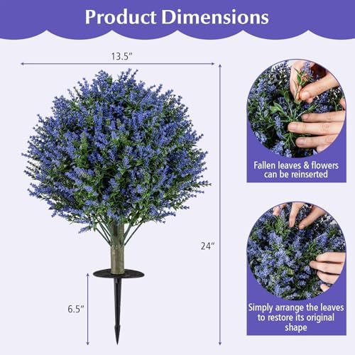 Goplus Set of 2 Artificial Lavender Topiary Ball Trees, 24” Faux Shrub Bushes with Ground Spikes, Sun-Proof Indoor Outdoor Fake Evergreen Plants for Porch, Garden, Yard, Home Decoration
