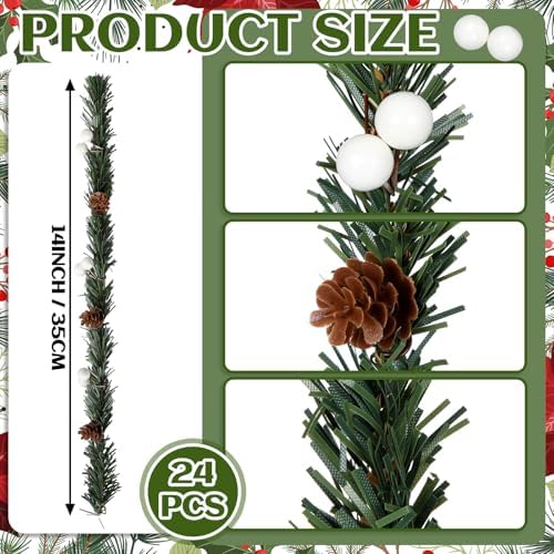 Jutom 24 Pcs Christmas Garland Ties 13.7" Christmas Garland Twist Ties with White Berries Pine Cones Xmas Artificial Pine for Decoration Craft Gift Wrapping Holiday