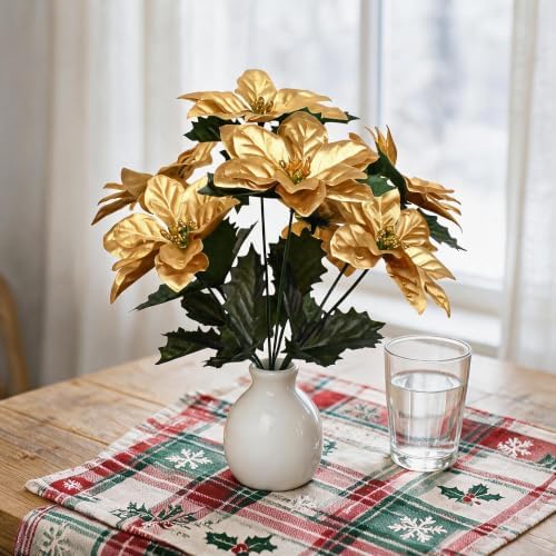 6 Pack Gold Artificial Poinsettia Bushes – 11.8" Faux Christmas Flowers with 7 Heads Each, Luxury Gold Xmas Tree Picks, Holiday Wreath & Table Centerpiece Décor, Indoor Outdoor Festive Decorations