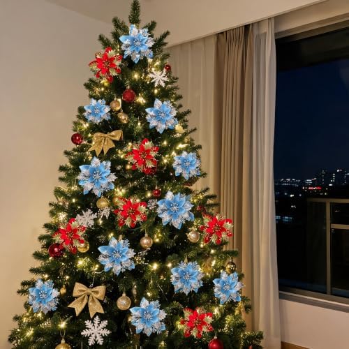 15PCS Artificial Christmas Poinsettia Flowers with Clips and Stems, 5.5 Inch Glitter Blue Xmas Tree Decorations, Holiday Poinsettia Picks Ornaments for Christmas Tree, Wreaths, Garlands & Home