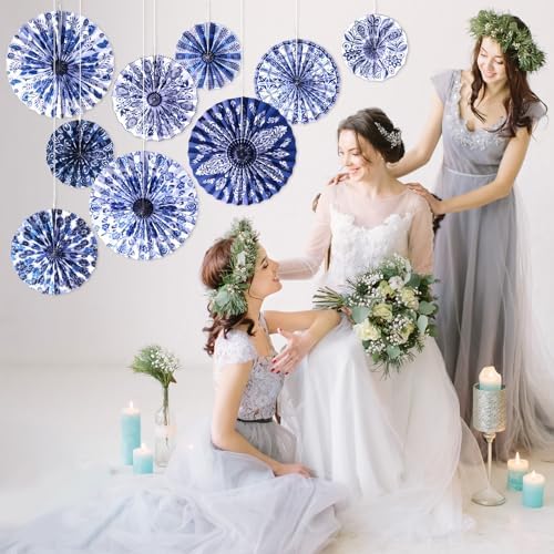Dispowreath 9 Pcs Chinoiserie Paper Fans Blue and White Hanging Decor