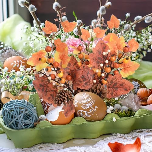 Fall Floral Picks 4PCS, Maple Leaf Pinecone Berries Branch Artificial Autumn Picks and Sprays for Farmhouse Autumn Vase Halloween Thanksgiving Decor