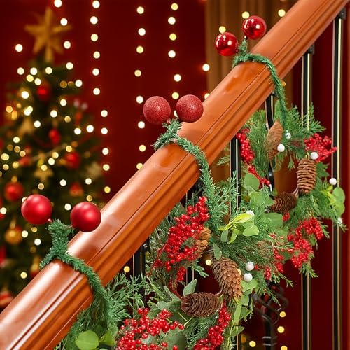 Dingion 30 Pcs 20 Inches Christmas Garland Ties with Balls Decorative Twist Ties for Banister Stairs Railing Reusable Flexible Twist for Home Xmas Holiday Decor Gift Craft Wrapping(Red)