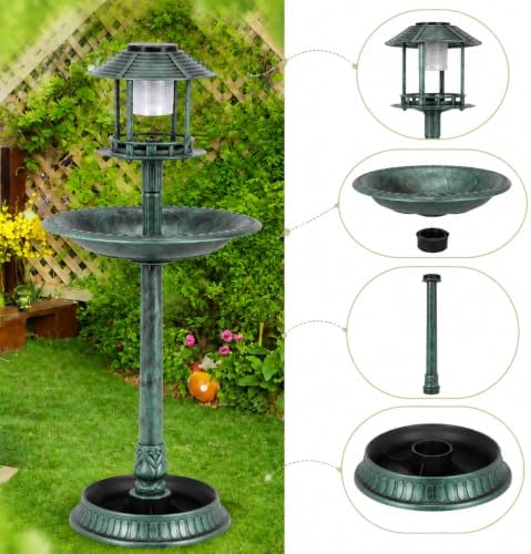 LDAILY Outdoor Bird Bath, 42’’ Solar Lighted Pedestal Birdbaths with Birds Feeder ,20’’ Water Bowl, Flower Planters and 3 Stakes, Attract Birds Antique Bird Bath for Outside Garden, Yard (Green, 42‘’)